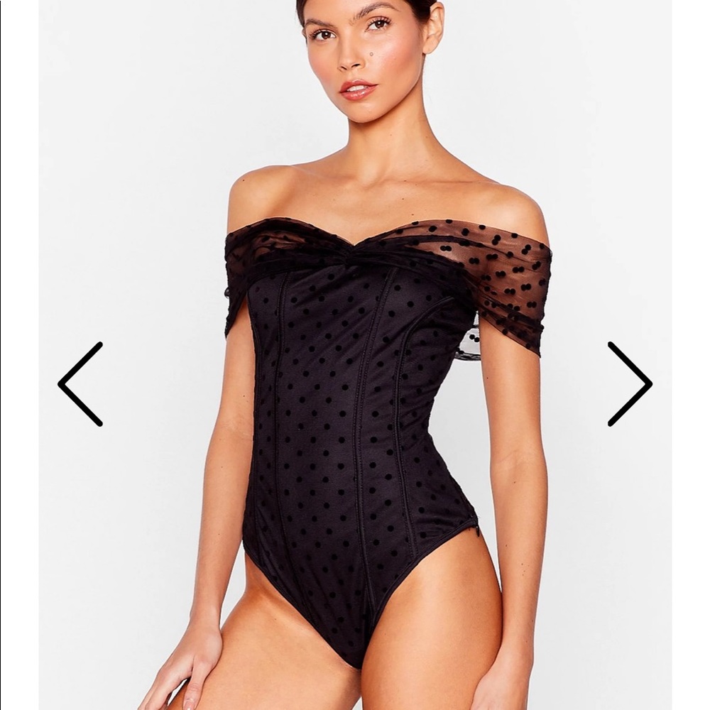 NASTY GAL Polka Dot Mesh Off the Shoulder BODYSUIT 8 NEW
